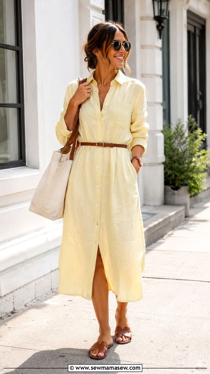 Pale Yellow Linen Shirt Dress with Brown Sandals - 25 Yellow dress outfit ideas summer 2026
