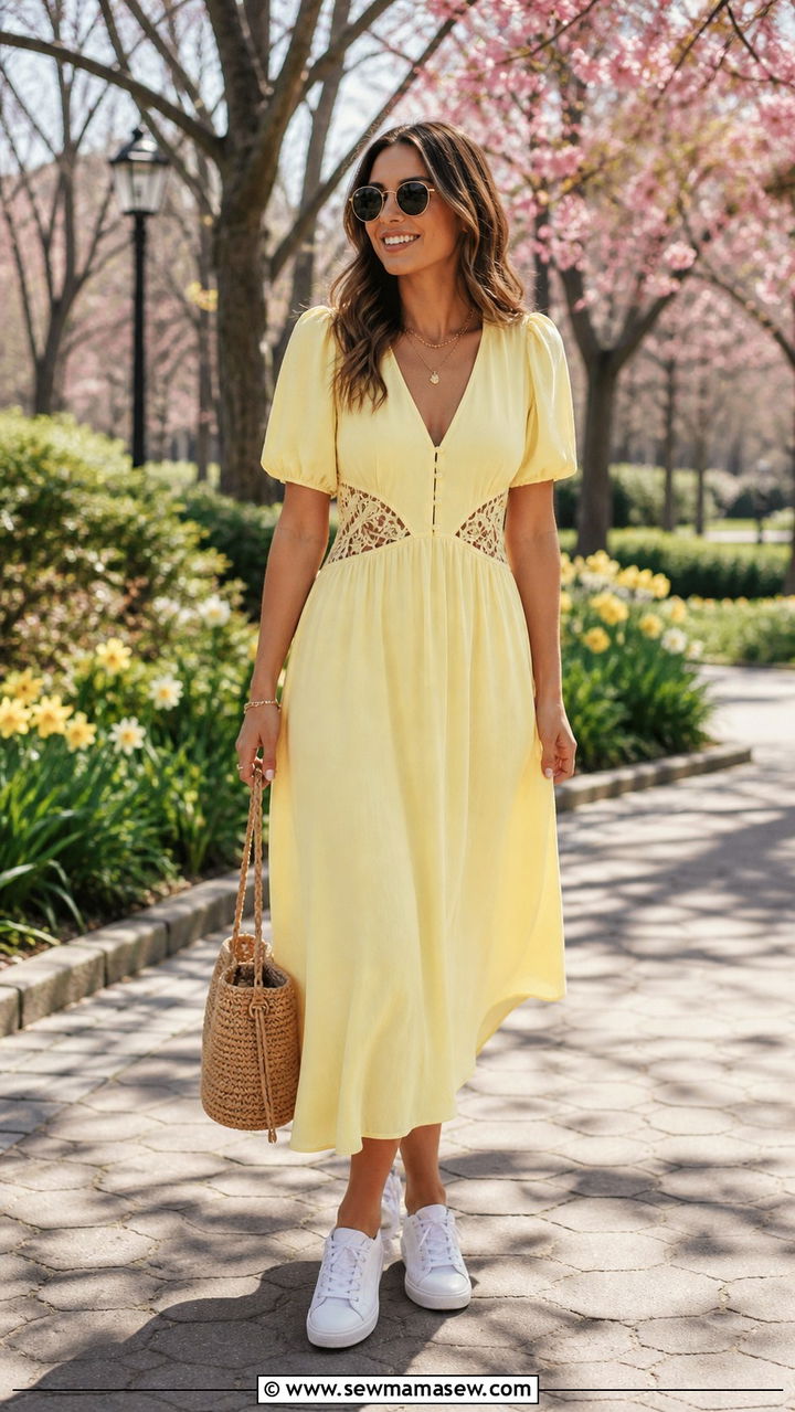 Pale Yellow Midi Dress With White Sneakers And Gold Jewelry - 40 spring outfits for moms
