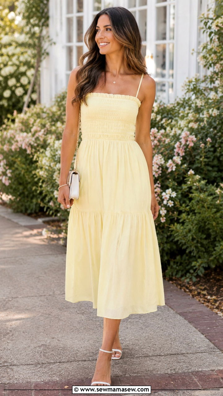 Pale Yellow Sundress With White Strappy Sandals - 30 chic bridal shower outfits for women