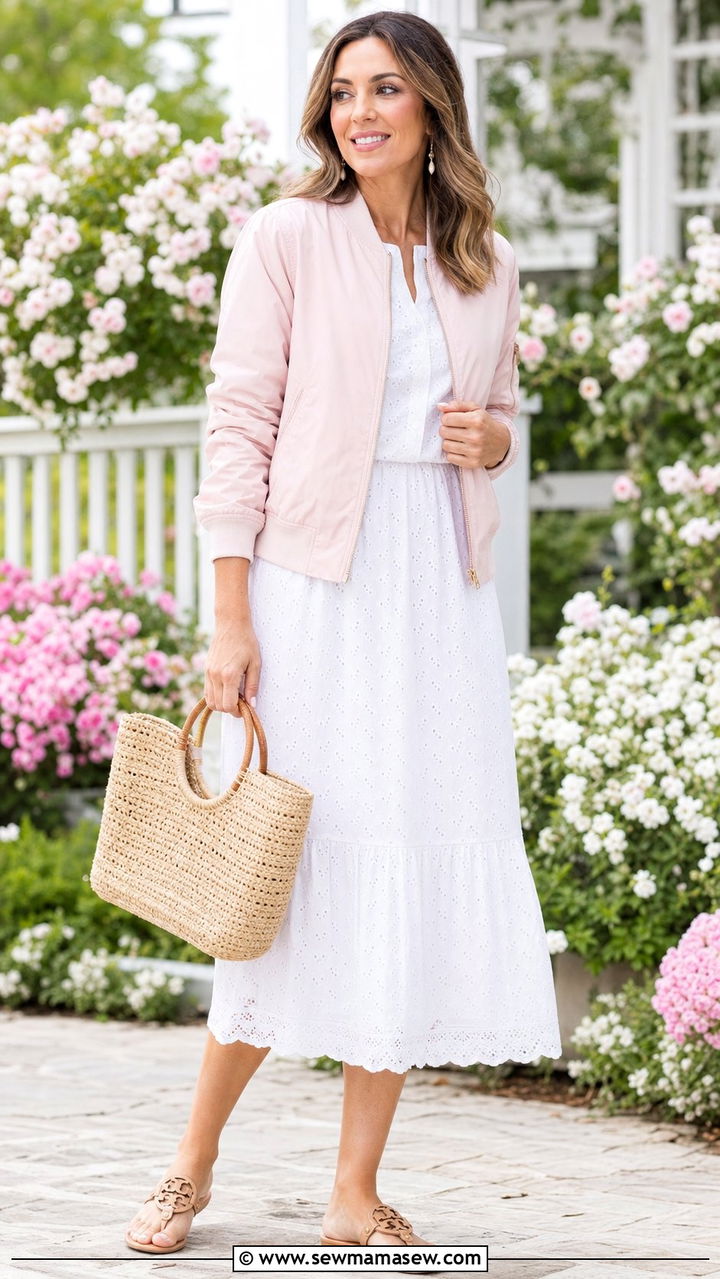 Pale pink bomber jacket with white eyelet dress - 25 Spring outfits with bomber jackets
