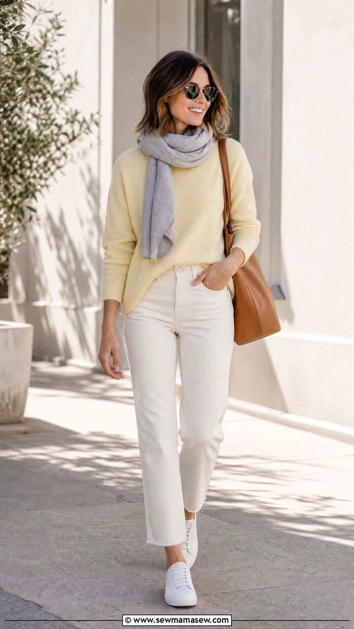Pale yellow crewneck sweater and ivory straight jeans - 35 Minimalist spring outfits