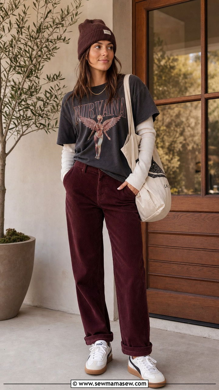 Palermo with corduroy pants and layered tops - 25 Sporty chic outfit ideas with Puma Palermo
