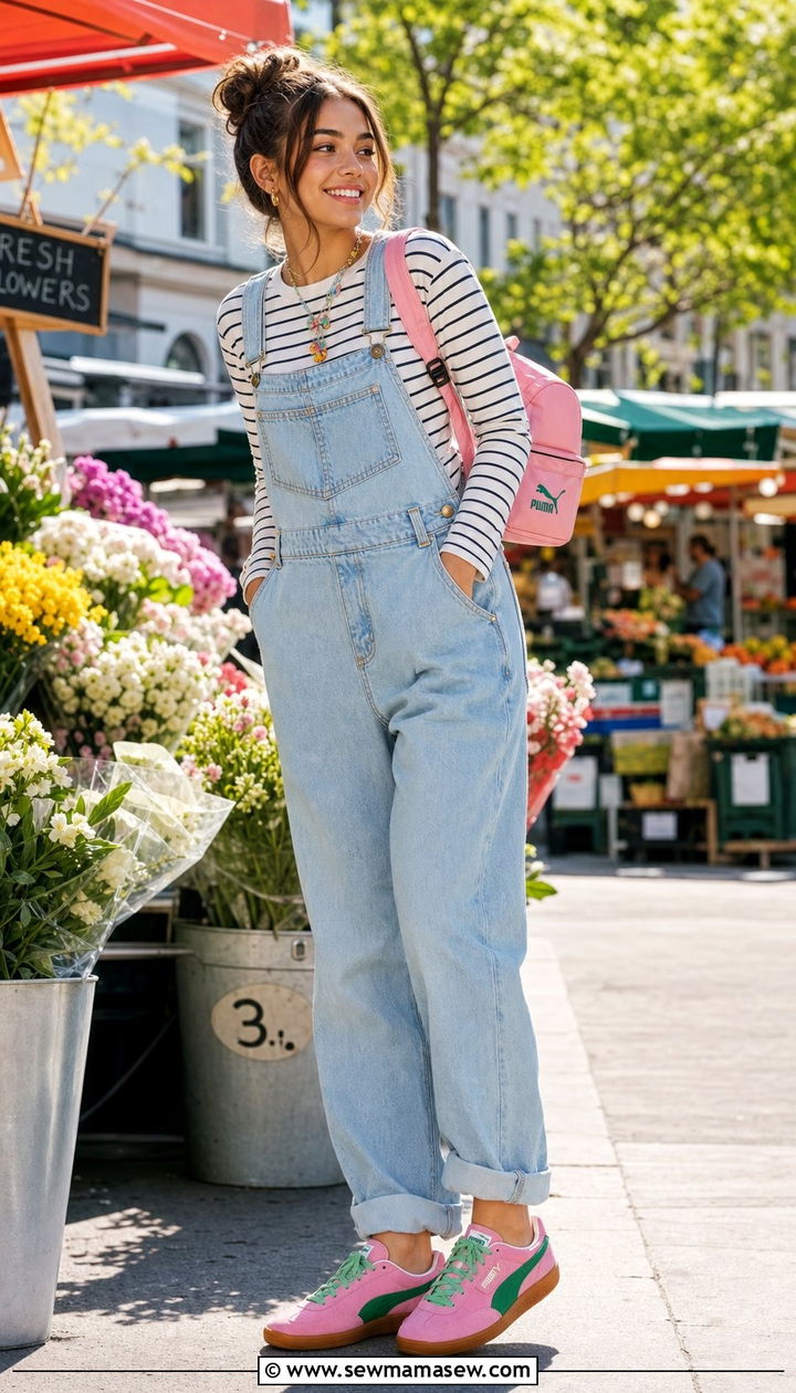 Palermo with denim overalls and playful top - 25 Sporty chic outfit ideas with Puma Palermo
