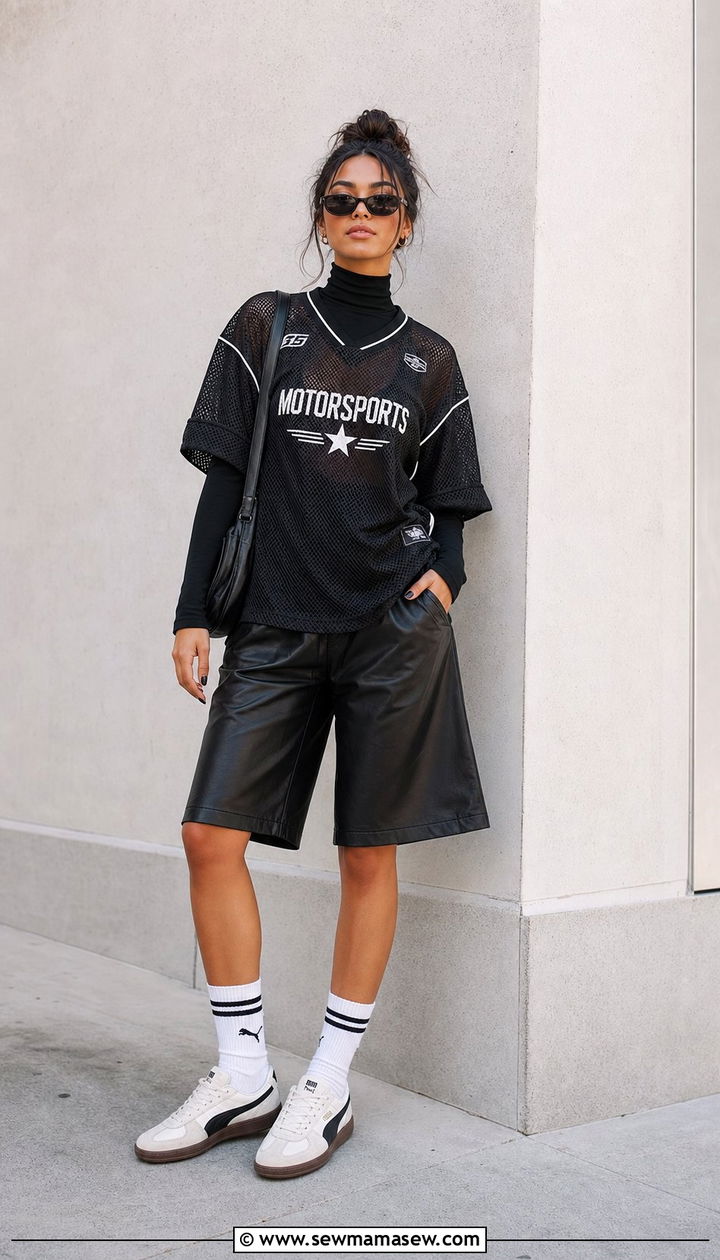 Palermo with leather Bermuda shorts and sporty layers - 25 Sporty chic outfit ideas with Puma Palermo