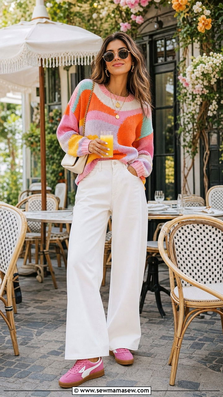 Palermo with white wide leg pants and colorful knit - 25 Sporty chic outfit ideas with Puma Palermo