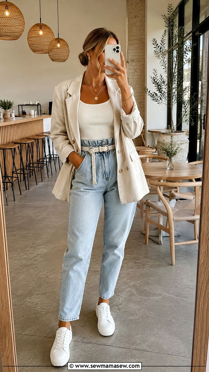 Paper Bag Waist Jeans With Cream Tank - 30 Nashville brunch outfit ideas