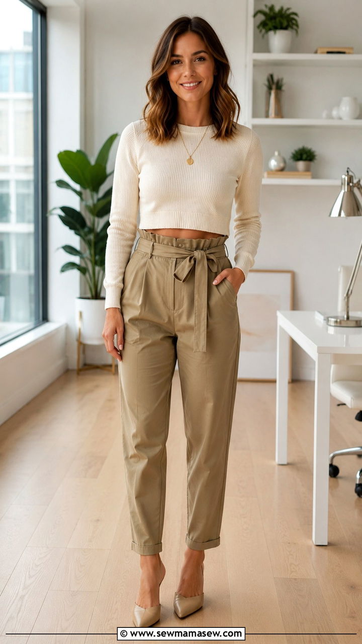 Paper Bag Waist Trousers With A Cropped Sweater - 30 Outfit ideas for short legs