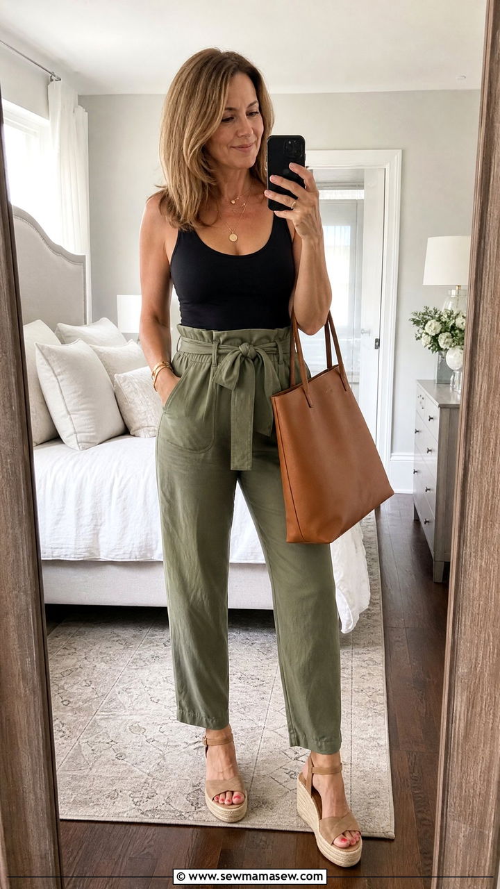 Paper bag waist trousers with a tucked in tank and wedges - 35 Midsize outfits for women over 40