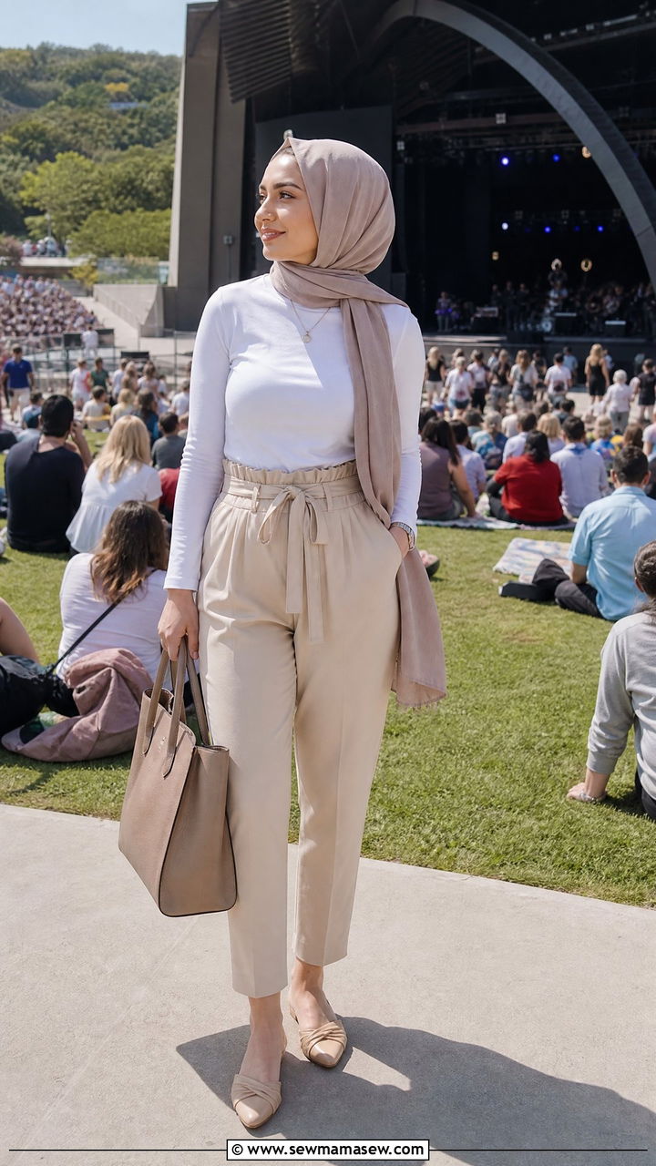 Paperbag Pants With Basic Tee - 30 modest concert outfit ideas