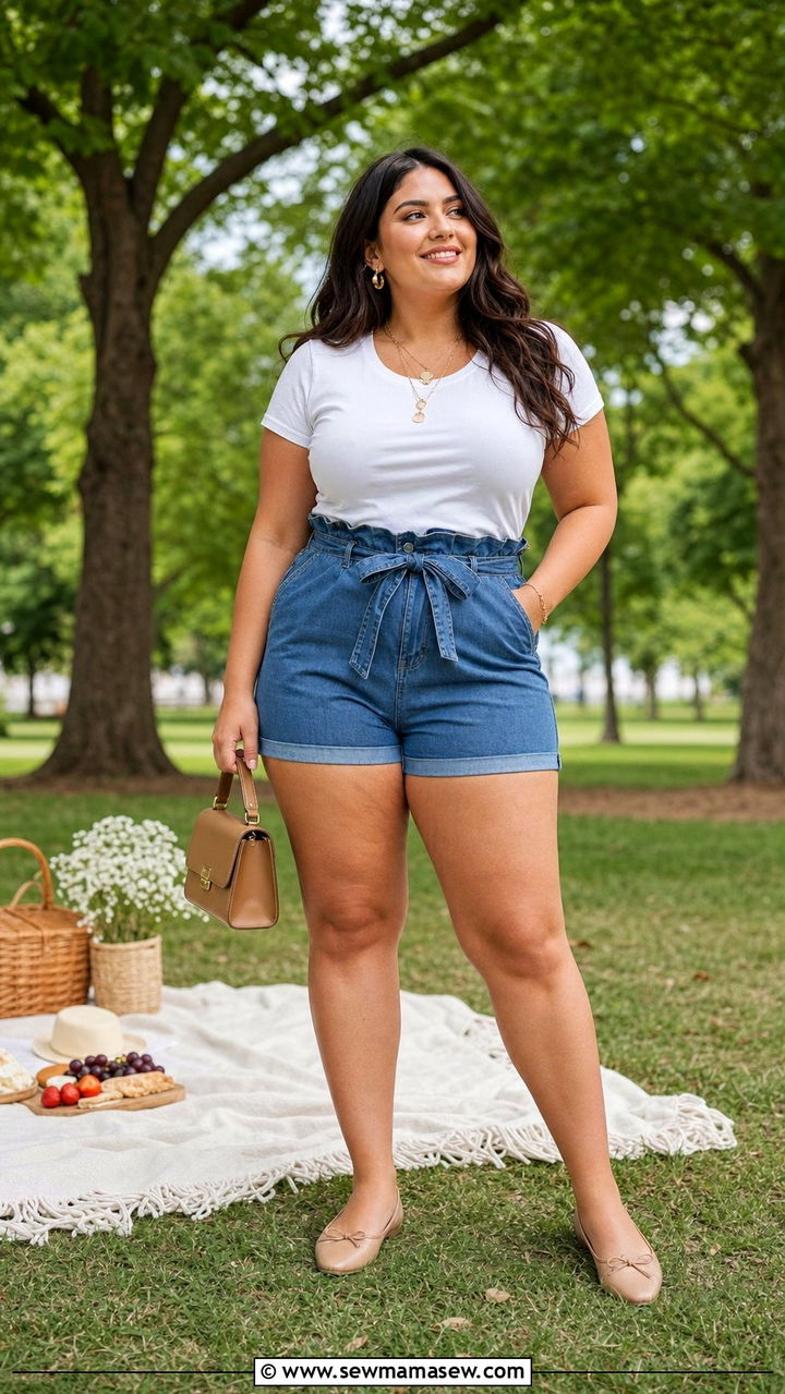 Paperbag Waist Denim Shorts with Fitted Tee - 25 Denim shorts outfit ideas plus size