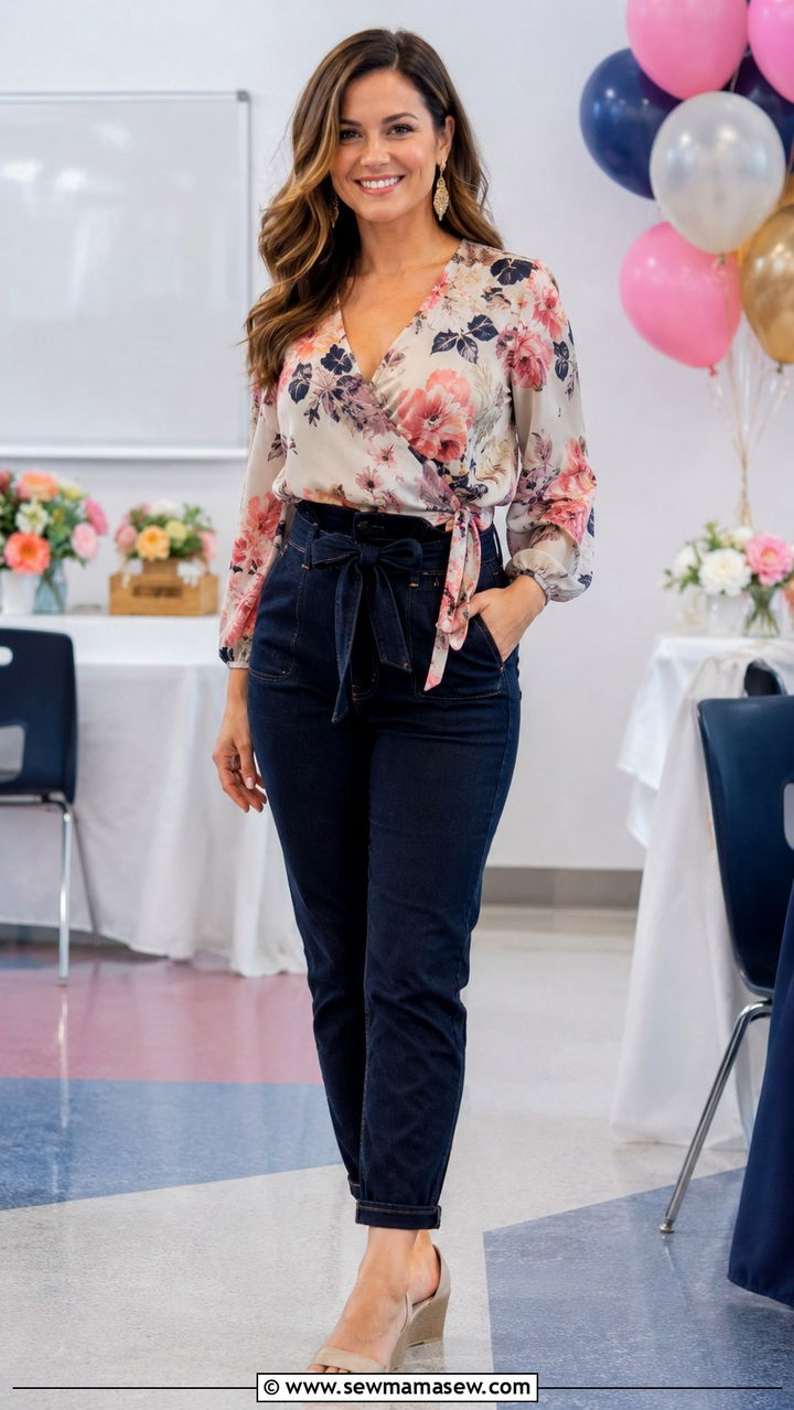 Paperbag Waist Jeans With Wrap Blouse And Wedges - 30 Teacher outfits with jeans