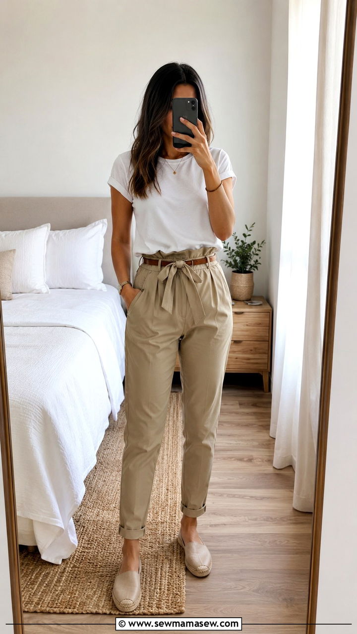 Paperbag Waist Pants With Cotton Tee - 25 Minimalist loungewear outfit ideas