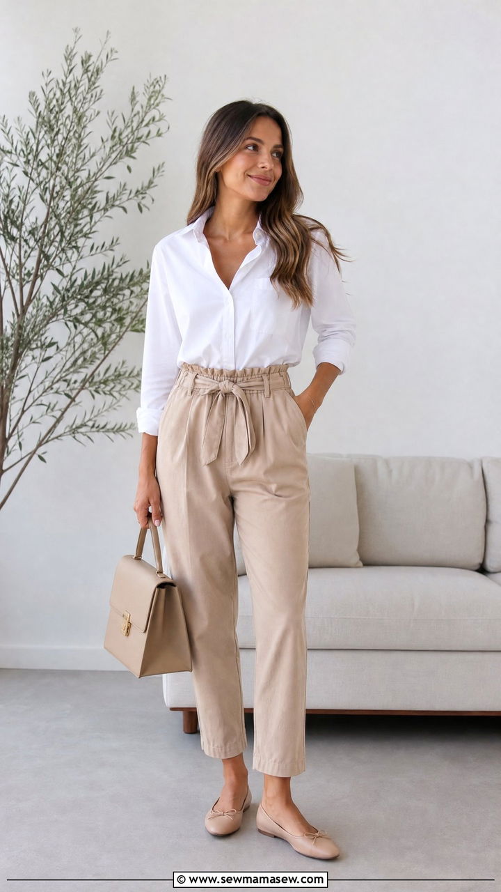 Paperbag Waist Pants With Tucked In Blouse - 25 casual outfits for rectangle body shape