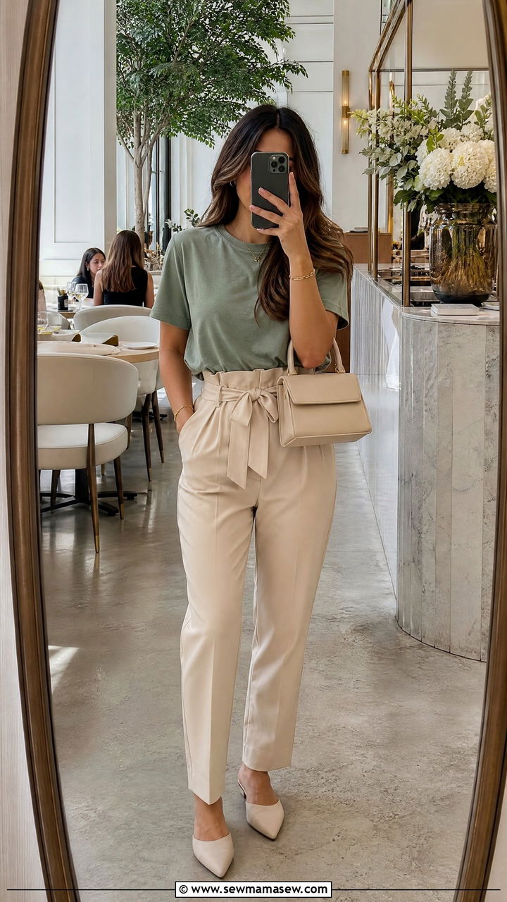 Paperbag Waist Pants With Tucked Tee For Brunch - 25 Brunch outfit ideas with friends casual