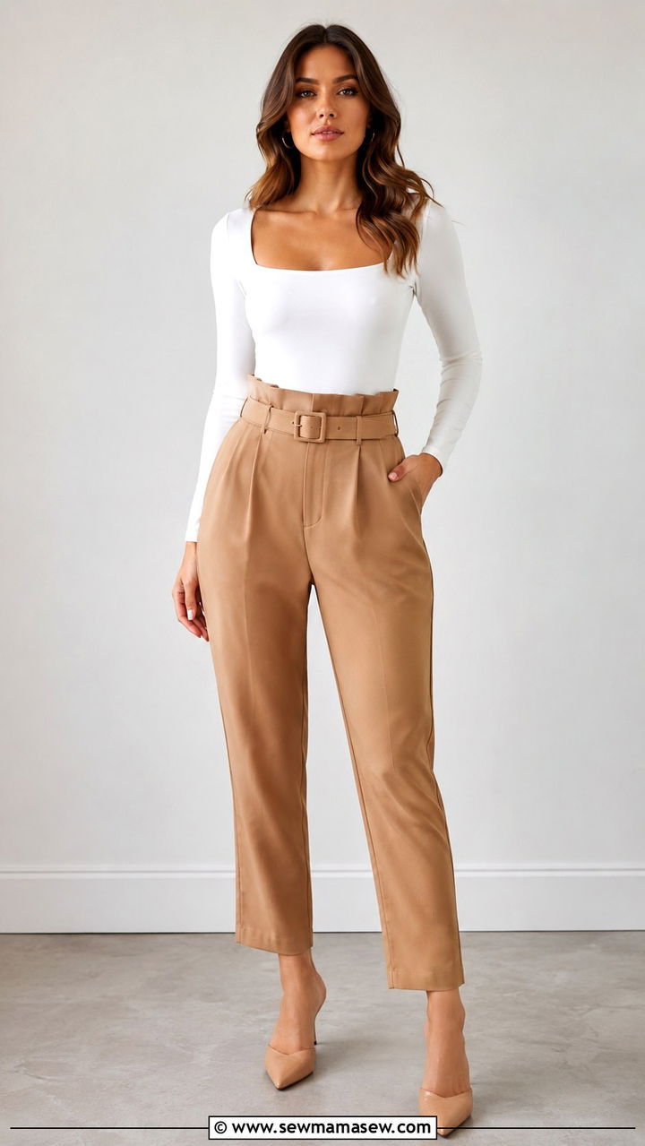 Paperbag Waist Pants and Fitted Bodysuit - 30 Outfit ideas for long torso