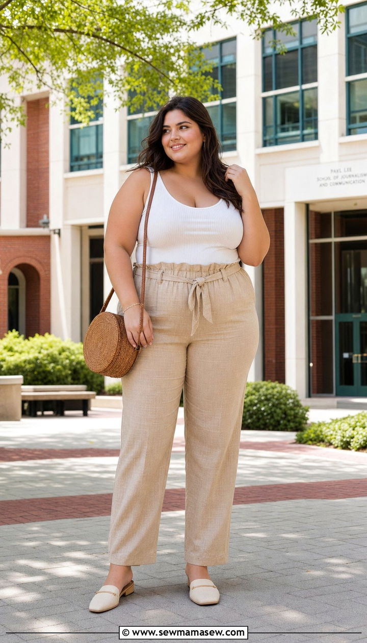 Paperbag Waist Pants and Tank Top College Outfit - 25 College outfit ideas plus size