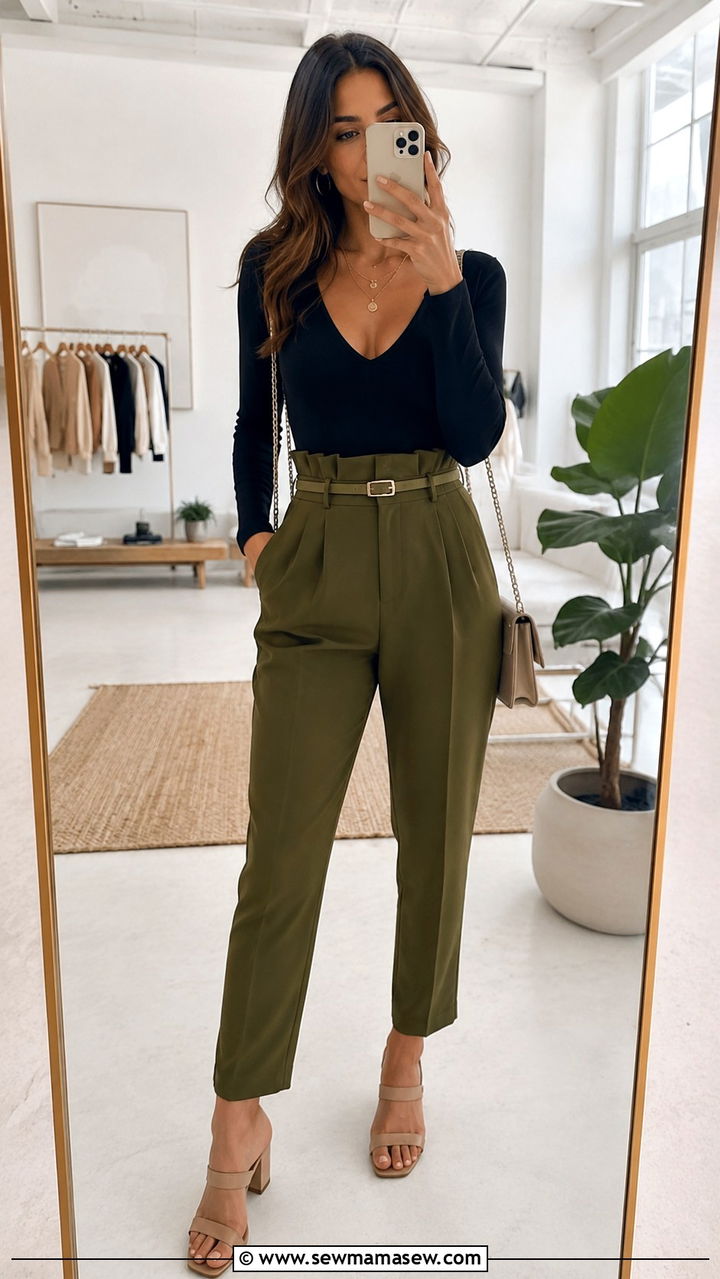 Paperbag Waist Pants with Bodysuit Outfit - 30 office outfits inspo