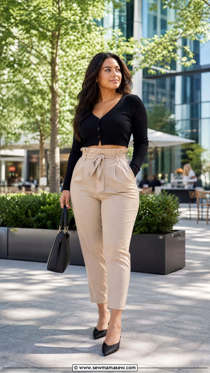Paperbag Waist Pants with Cropped Cardigan for Wide Hips - 25 casual outfits for women with wide hips