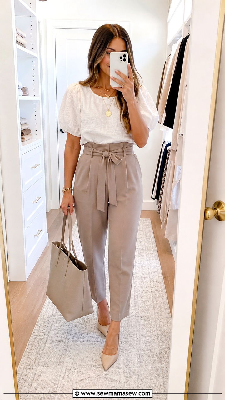 Paperbag Waist Pants with Puff Sleeve Blouse - 40 Spring work outfits