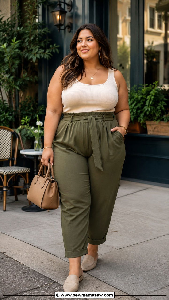 Paperbag Waist Pants with Tank Top - 30 Plus size outfit ideas for travel