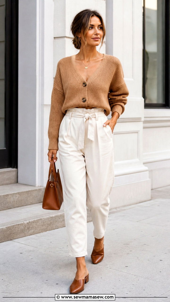 Paperbag Waist Pants with a Cropped Cardigan and Mules - 40 casual cardigan outfits