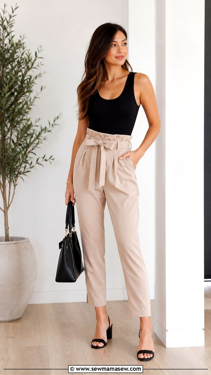 Paperbag Waist Trousers With Bodysuit And Block Heels - 40 casual work outfits