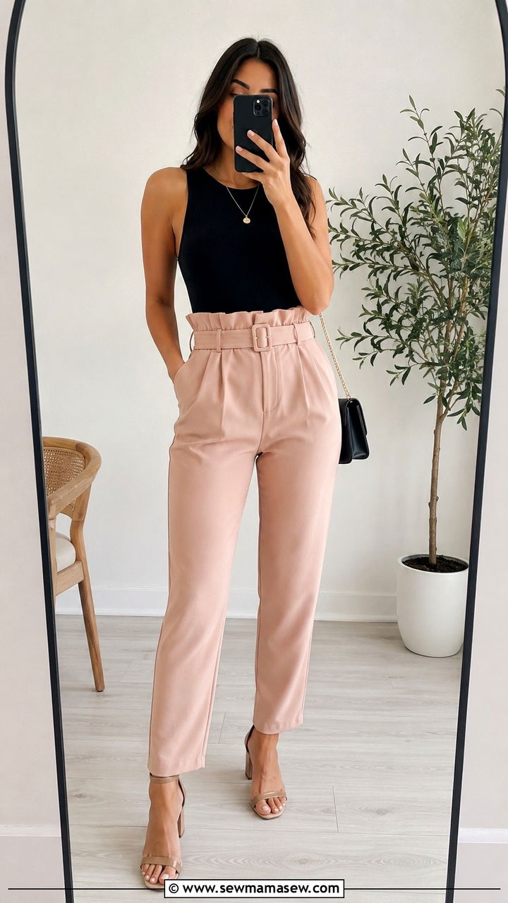 Paperbag Waist Trousers With Bodysuit - 30 trousers outfit ideas for women