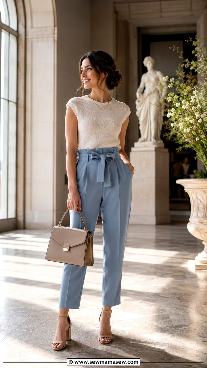Paperbag Waist Trousers With Cap Sleeve Top And Ankle Strap Heels - 30 spring museum day outfit ideas