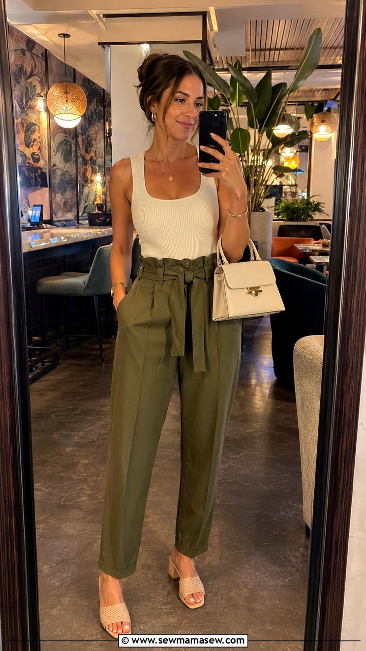 Paperbag Waist Trousers With Knit Tank Postpartum Going Out Outfit - 25 Postpartum first night out outfit ideas
