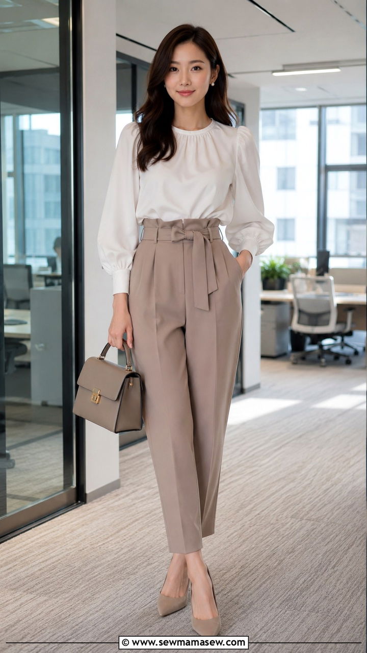 Paperbag Waist Trousers With Puff Sleeve Blouse - 30 spring trendy outfit ideas