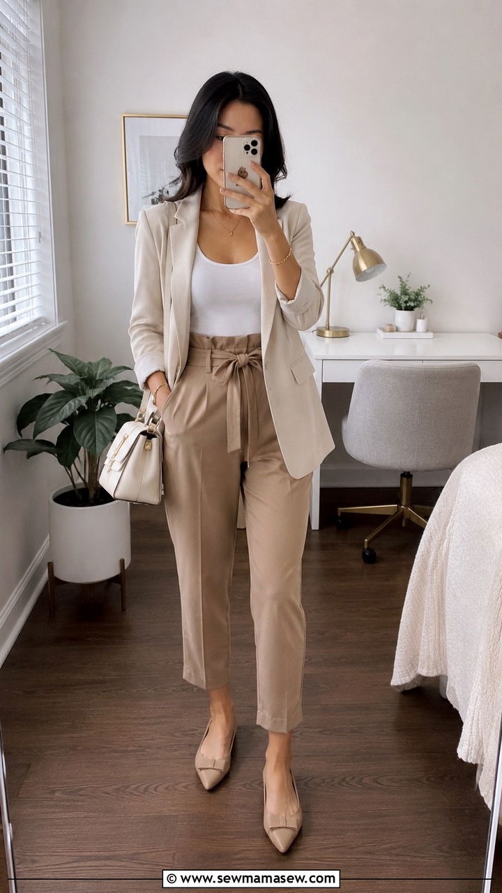Paperbag Waist Trousers With Sleeveless Tank And Blazer - 30 Petite work outfit ideas summer