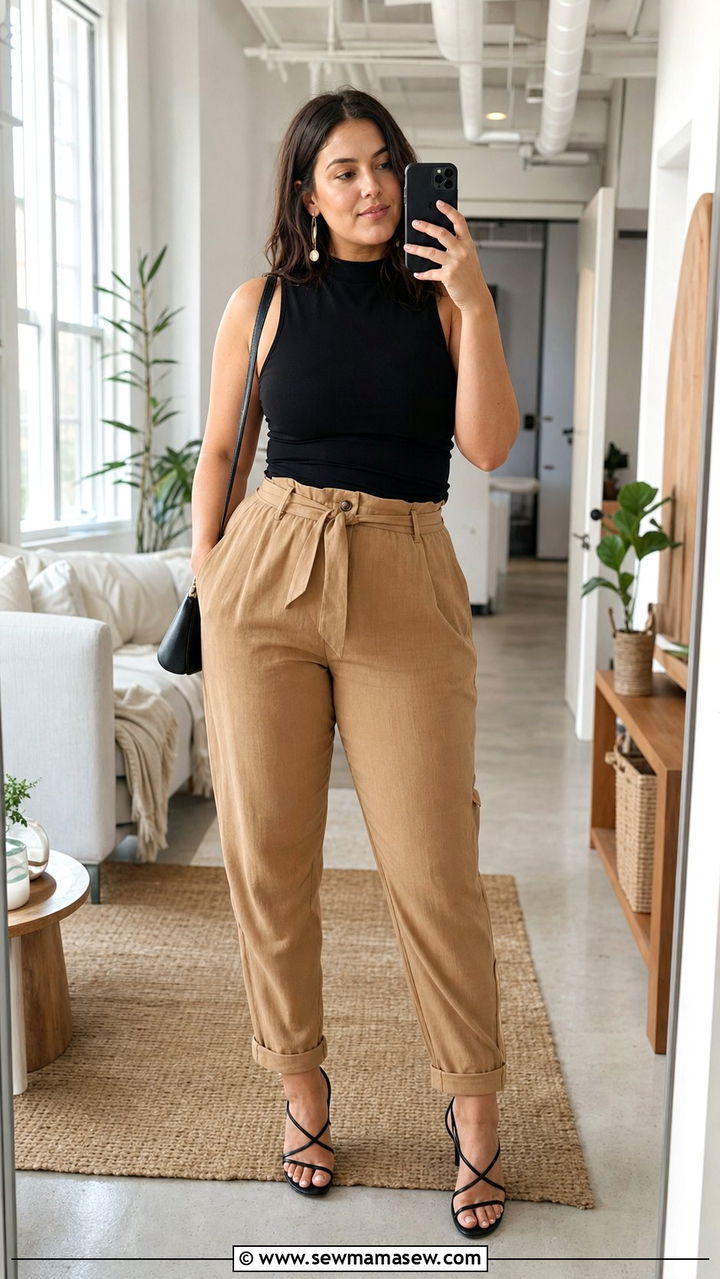 Paperbag Waist Trousers With Sleeveless Top - 25 summer outfits for women with tummy