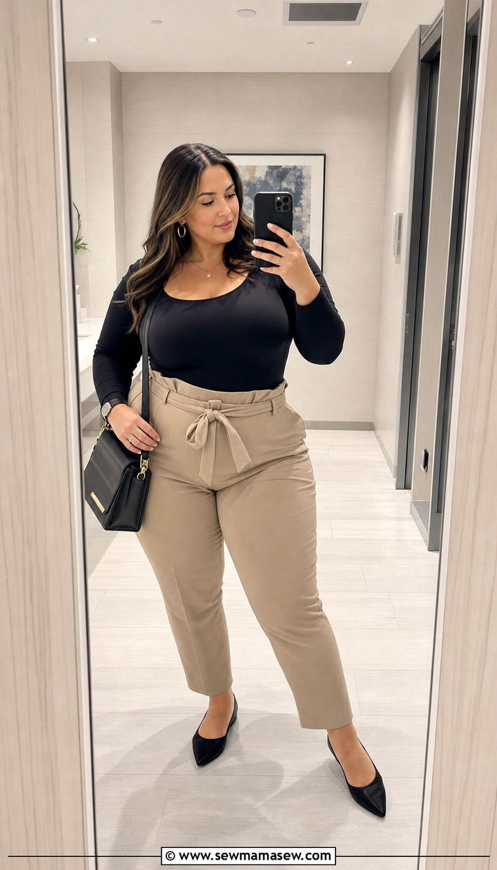 Paperbag Waist Trousers and Fitted Bodysuit Outfit - 35 Business casual outfits for curvy women