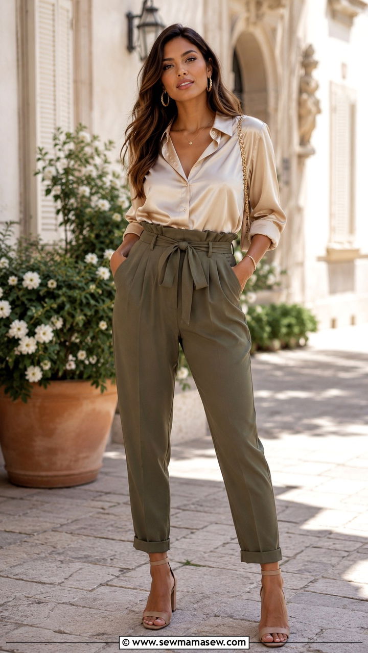 Paperbag Waist Trousers and Satin Blouse Hourglass Figure Outfit - 25 Outfit ideas for hourglass figure casual