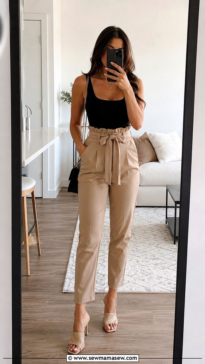 Paperbag Waist Trousers with Fitted Bodysuit - 25 Outfits that slim the waist