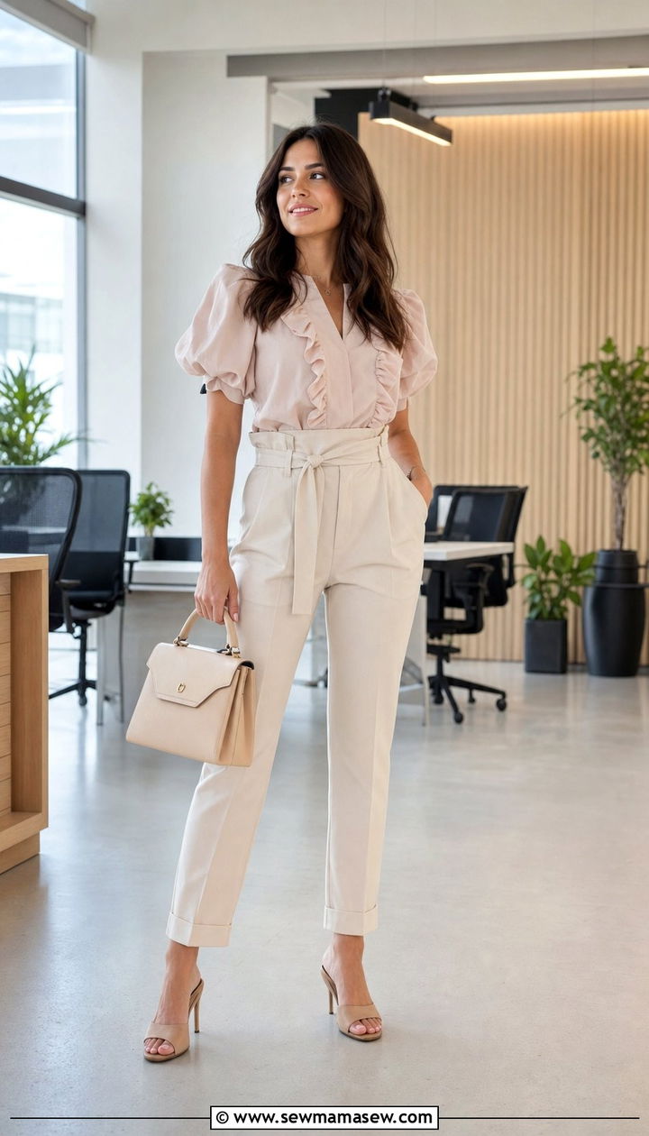 Paperbag trousers and puff sleeve blouse outfit - 25 spring casual friday outfit ideas