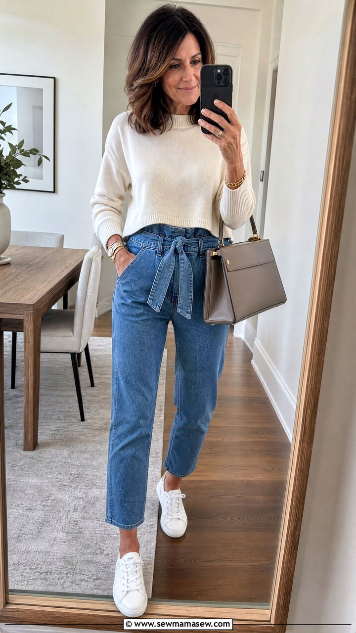 Paperbag waist jeans with low profile sneakers and a cropped top - 35 Jeans and sneakers outfit ideas over 40