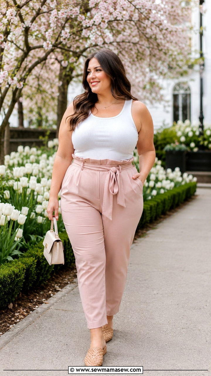 Paperbag waist pants and ribbed tank spring outfit - 30 Plus size outfit ideas for moms