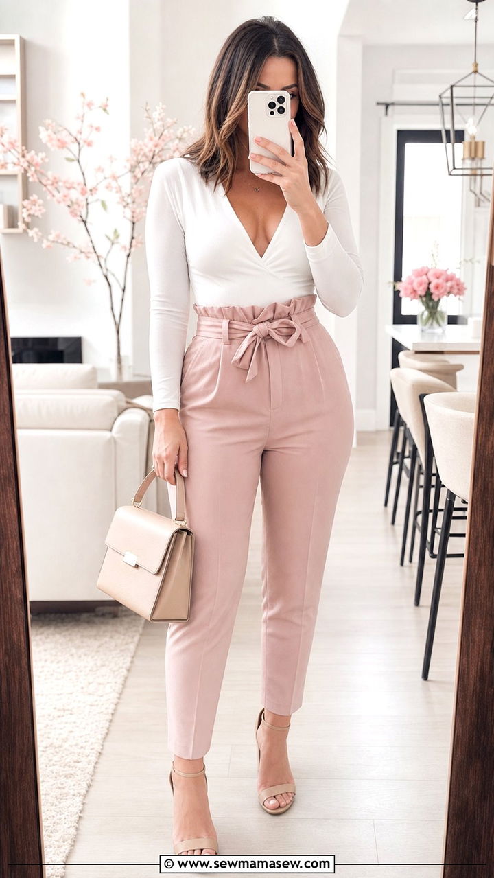 Paperbag waist pants with bodysuit - 25 Spring outfits for apple shape