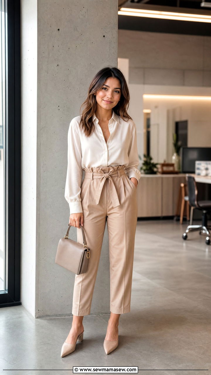 Paperbag waist pants with tucked blouse - 30 Cute outfits for short women