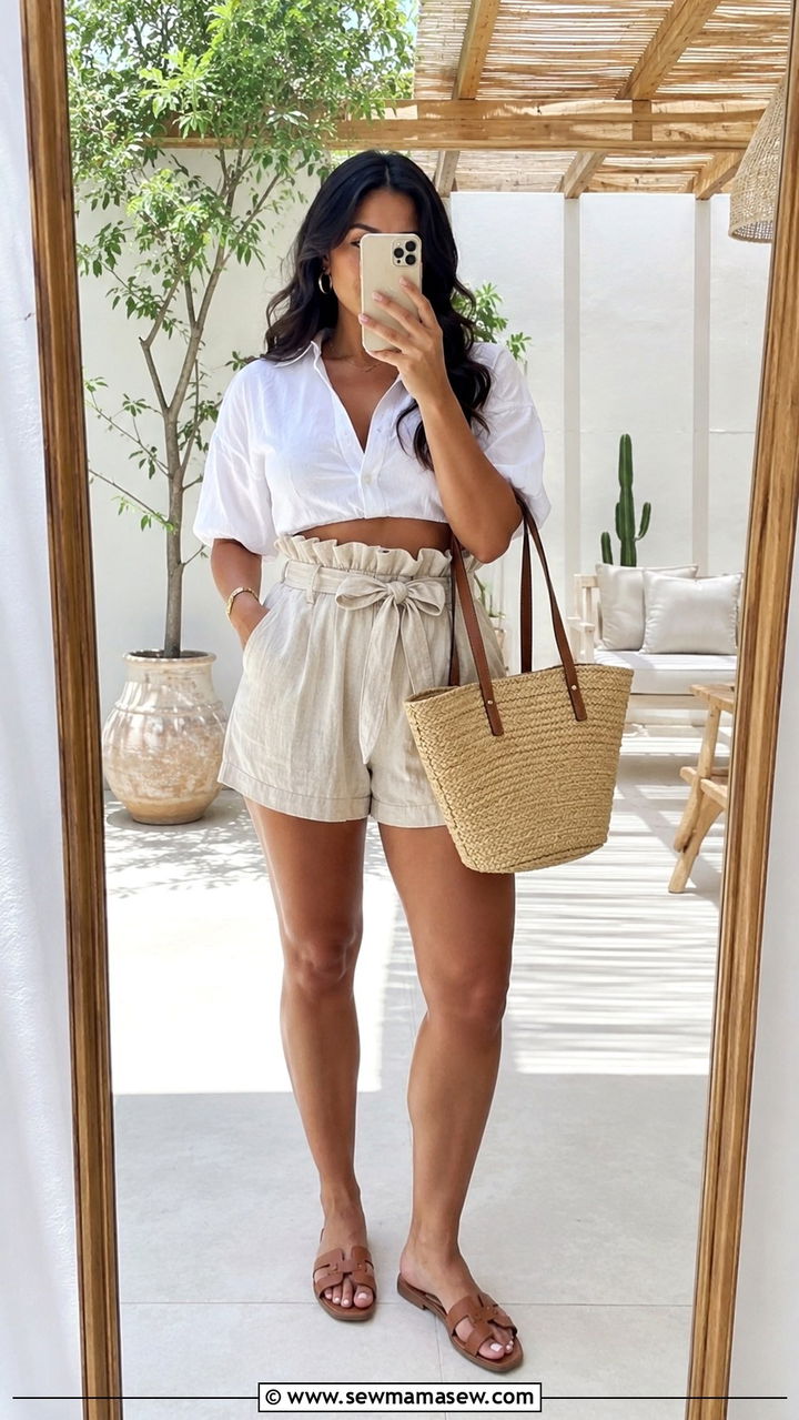 Paperbag waist shorts with cropped blouse - 25 outfit ideas for women with wide hips