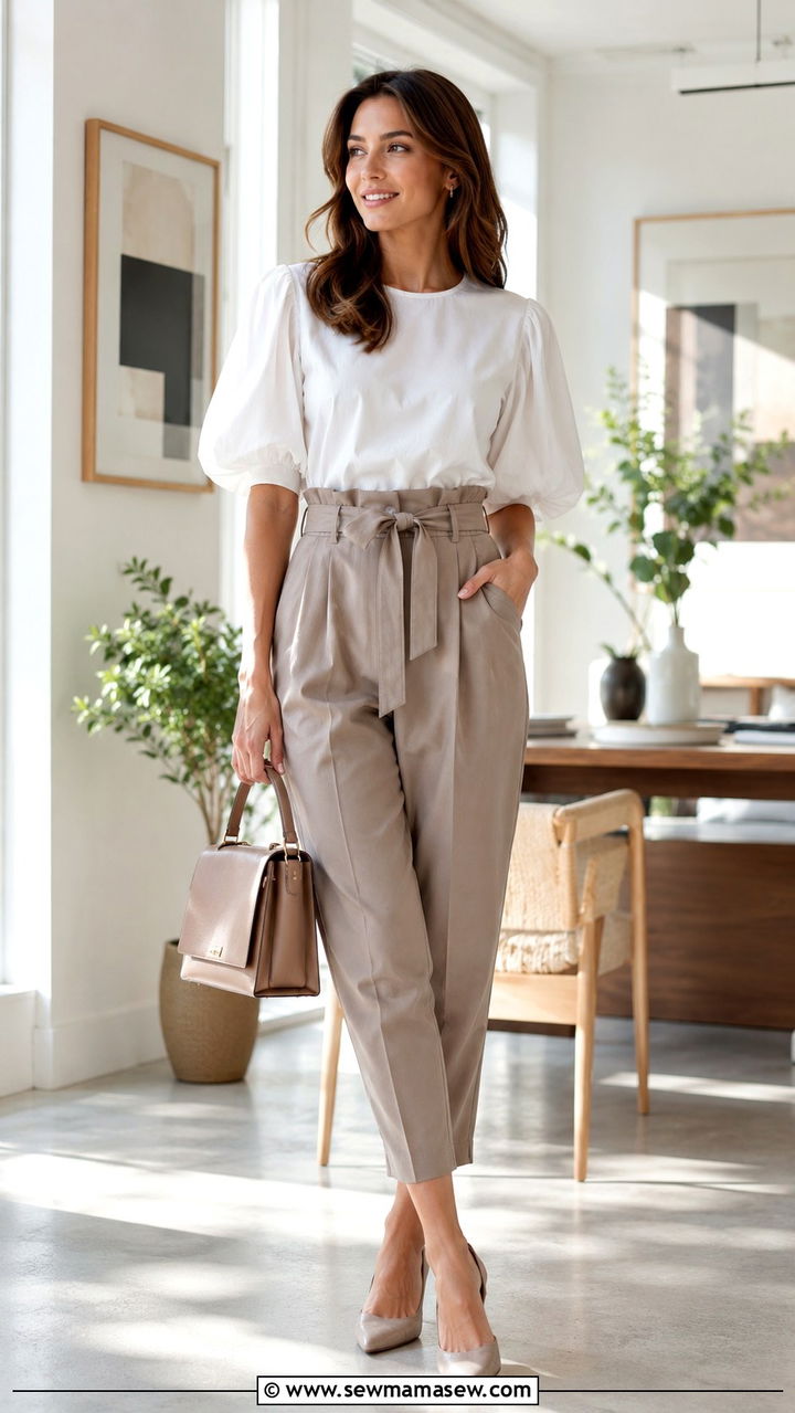 Paperbag waist trousers with puff sleeve blouse - 30 Spring capsule wardrobe for work