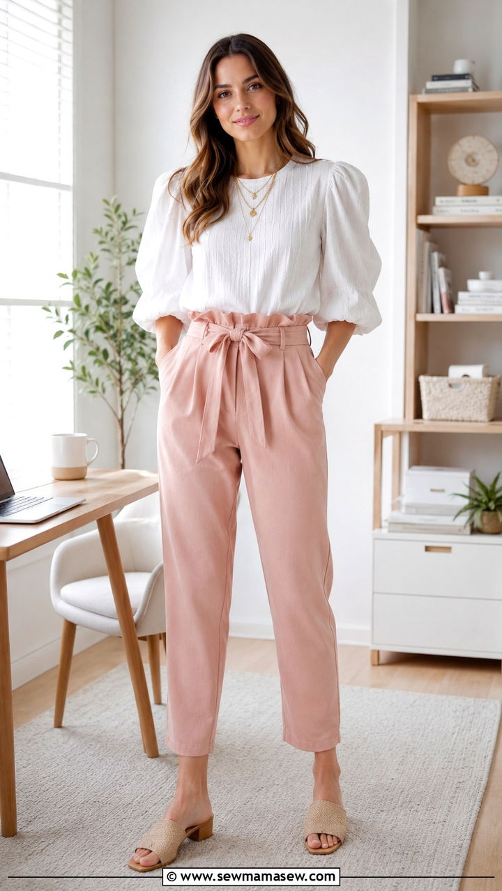 Paperbag waist trousers with puff sleeve blouse and block heels - 30 Spring outfit ideas for work from home