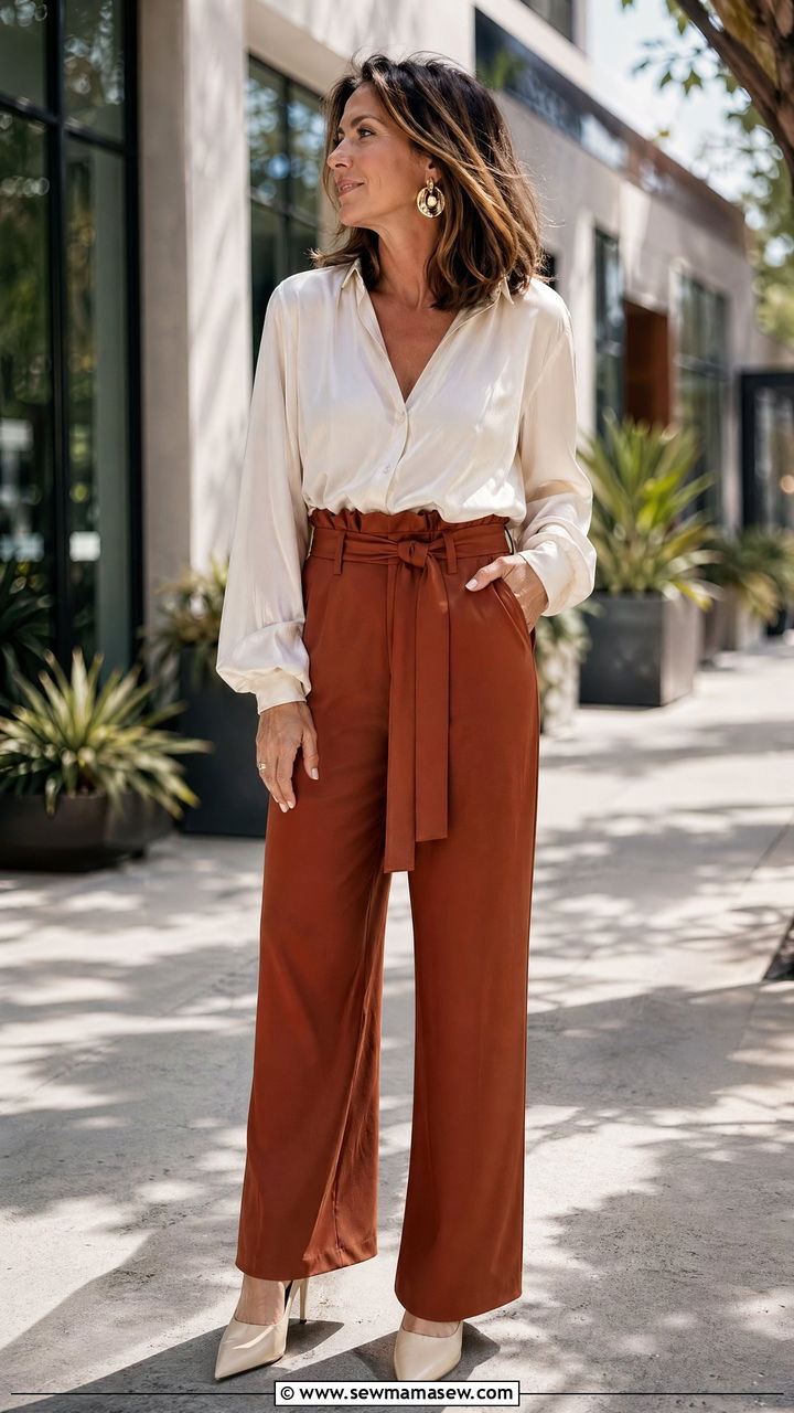 Paperbag waist wide leg trousers with silk blouse - 35 French girl outfit ideas for women over 40