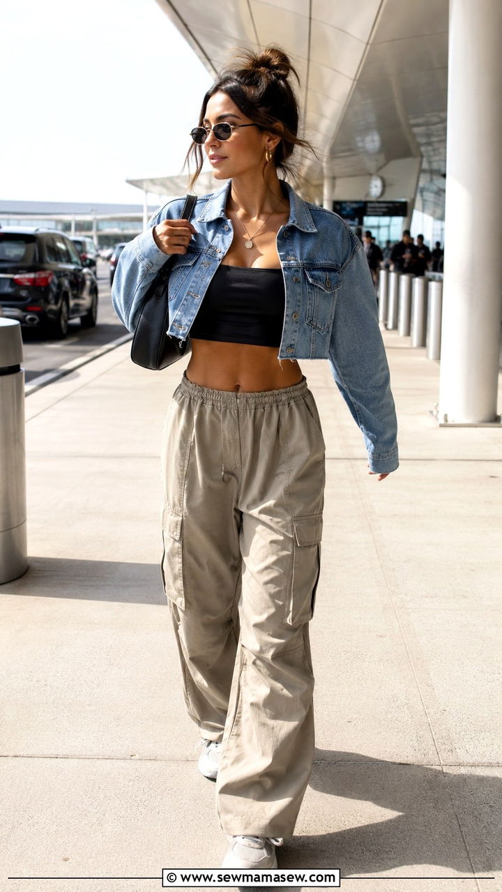 Parachute Cargo Pants with Tube Top and Jean Jacket - 25 Airport outfit ideas for international flight summer