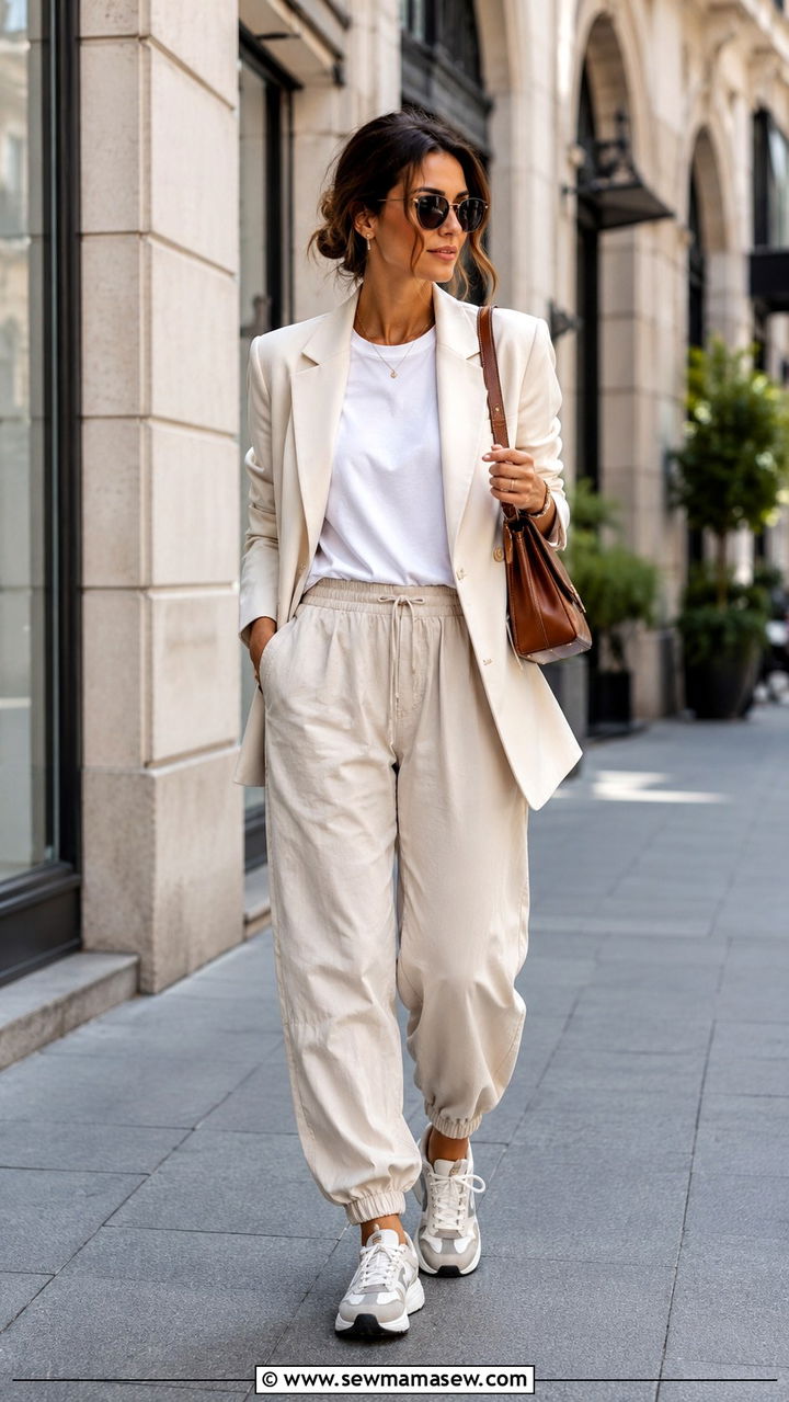 Parachute Joggers with a Basic Tee and a Structured Blazer - 30 sporty chic outfits to copy