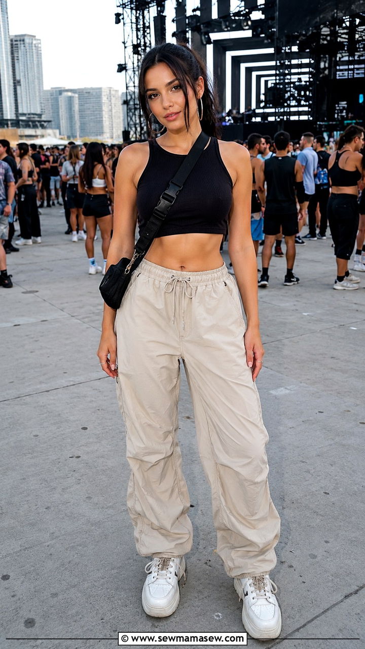 Parachute Pants And Cropped Tank Summer Concert Outfit - 25 seasonal concert outfit ideas