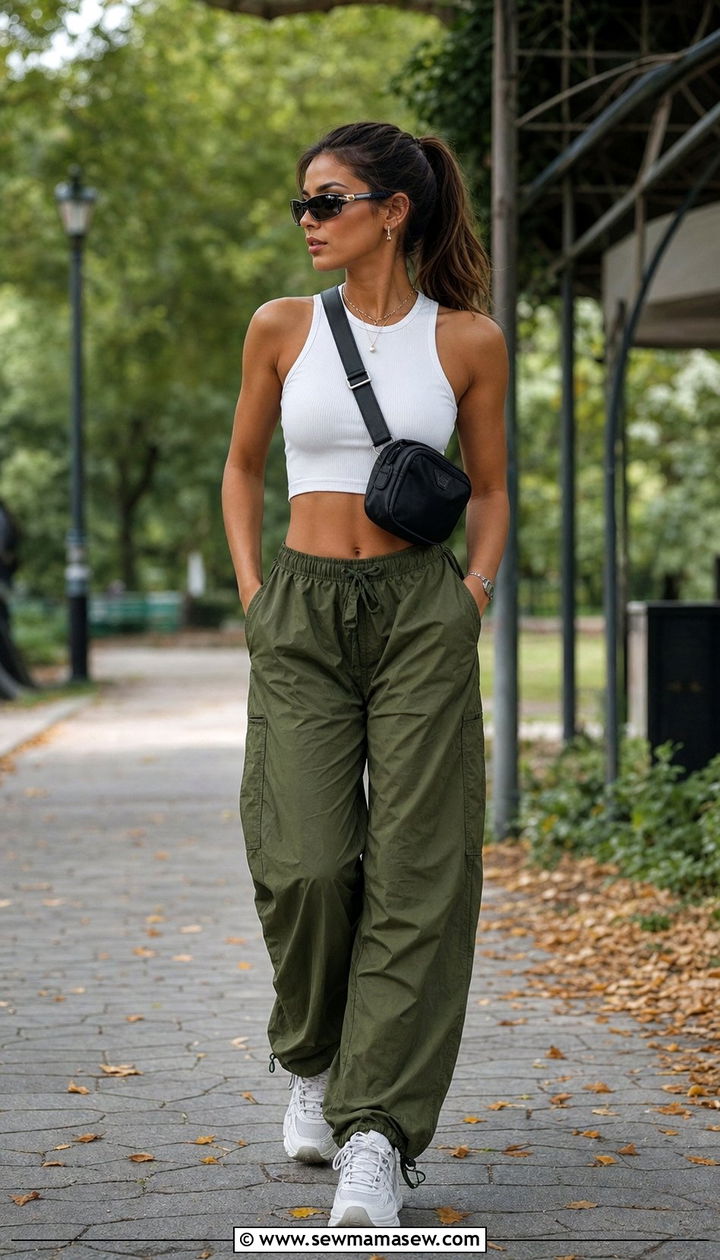 Parachute Pants With Crop Top and Chunky Sneakers - 25 Sporty chic outfit ideas walking