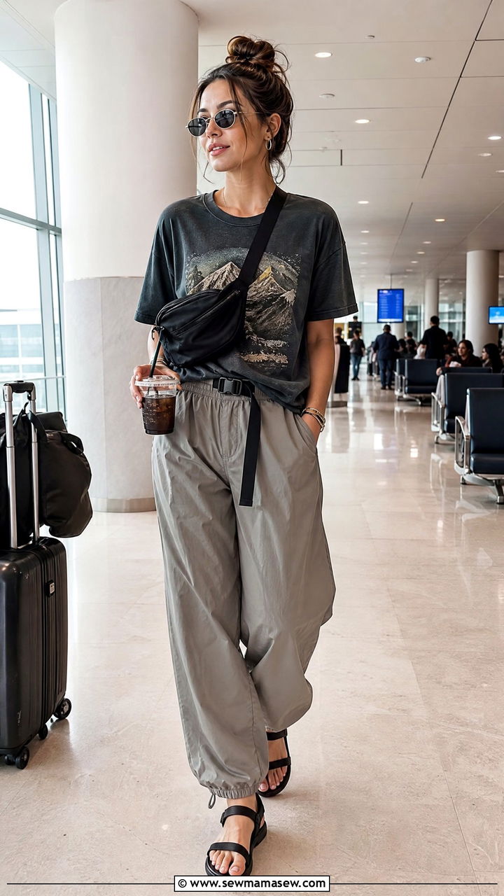 Parachute Pants and Graphic Tee Travel Outfit - 40 travel outfits ideas
