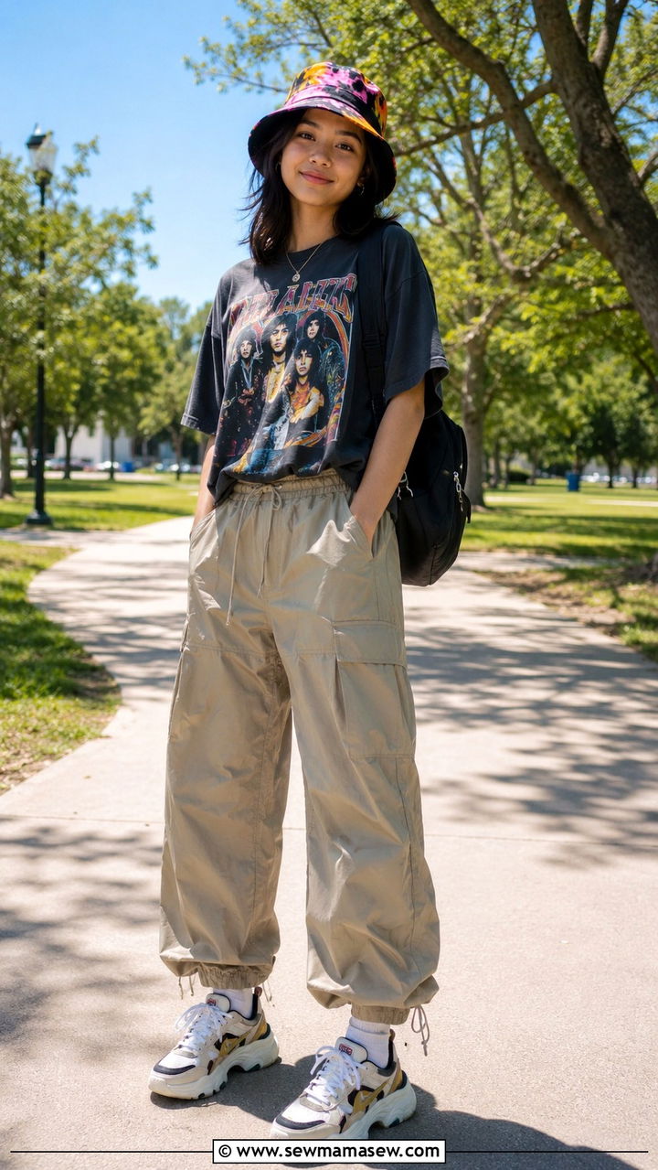 Parachute Pants and Graphic Tee with Bucket Hat - 30 Trendy outfits for 17 year olds